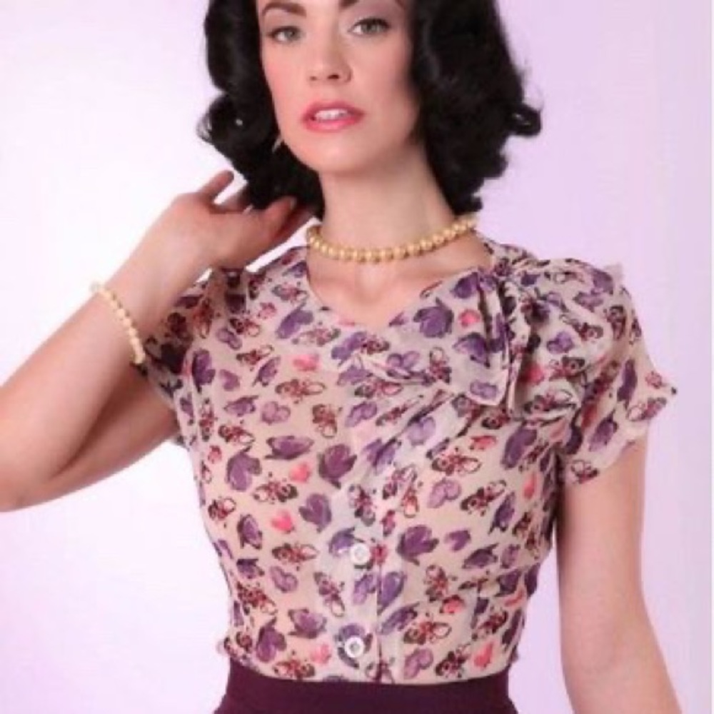 Bettie Page Purple Floral Blouse